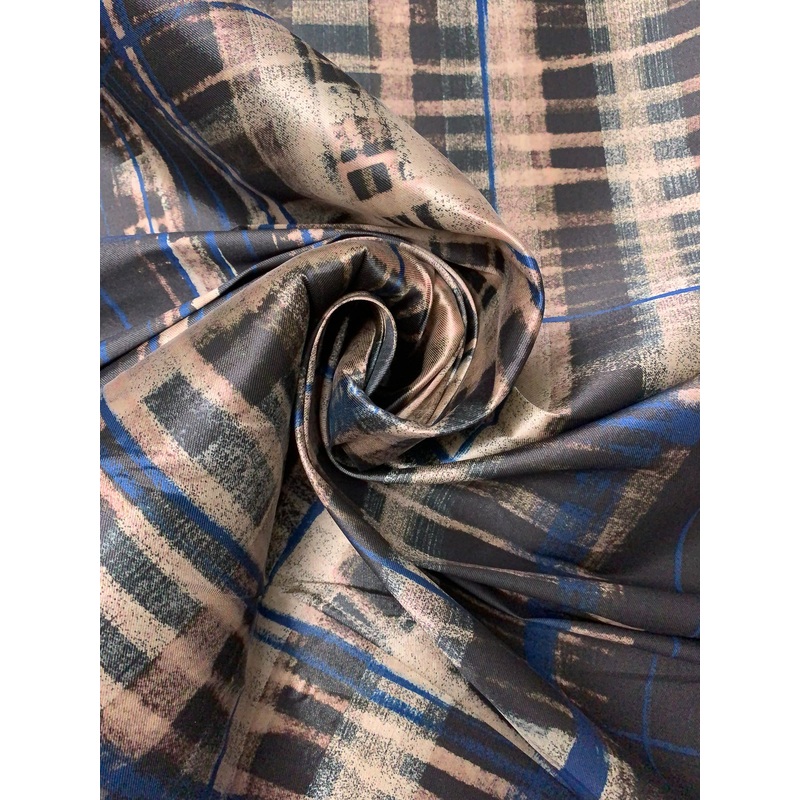 Italian Painterly Plaid Printed Lustrous Zibeline with Vertical Stretch – Blue / Black / Beige / Blush Beige Fabric by the Yard