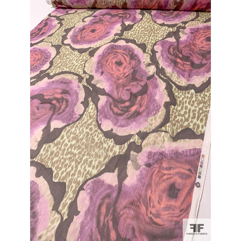 Large-Scale Floral and Animal Pattern Printed Crinkled Silk Chiffon – Orchid / Brown / Olive Fabric by the Yard
