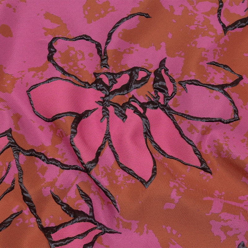Metallic Black, Pink and Orange Mottled Floral Outlines Luxury Brocade