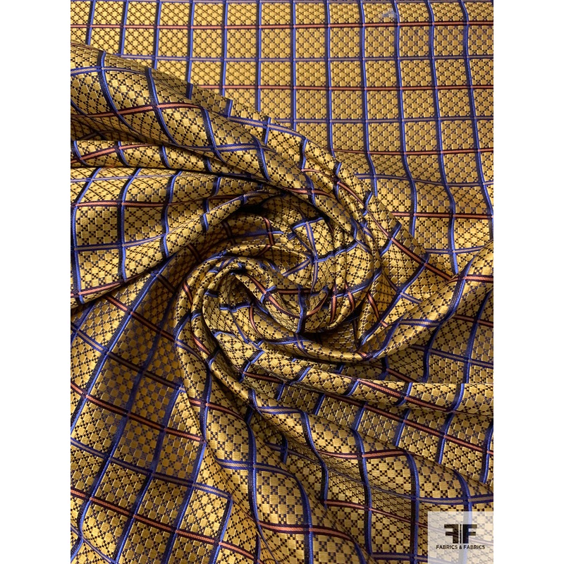 Micro-Checkered Windowpane Silk Necktie Jacquard Brocade – Yellow-Gold / Blue / Navy / Coral Fabric by the Yard