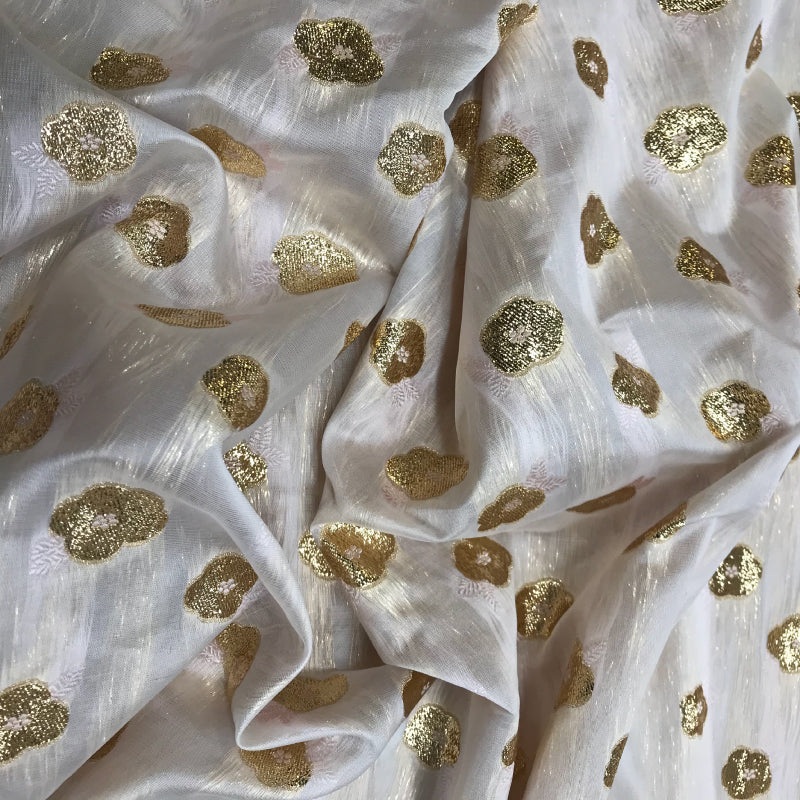 Novelty Italian Metallic Floral Woven Organza – Gold/Ivory Fabric by the Yard