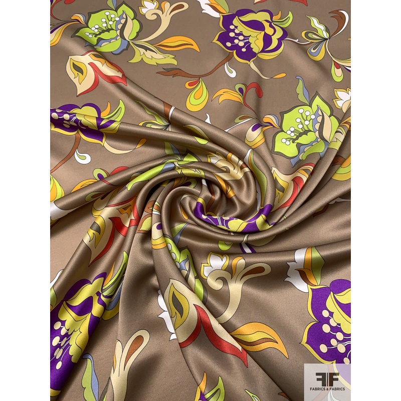 Oriental Floral Printed Silk Charmeuse – Taupe / Purple / Lime / Marigold Fabric by the Yard