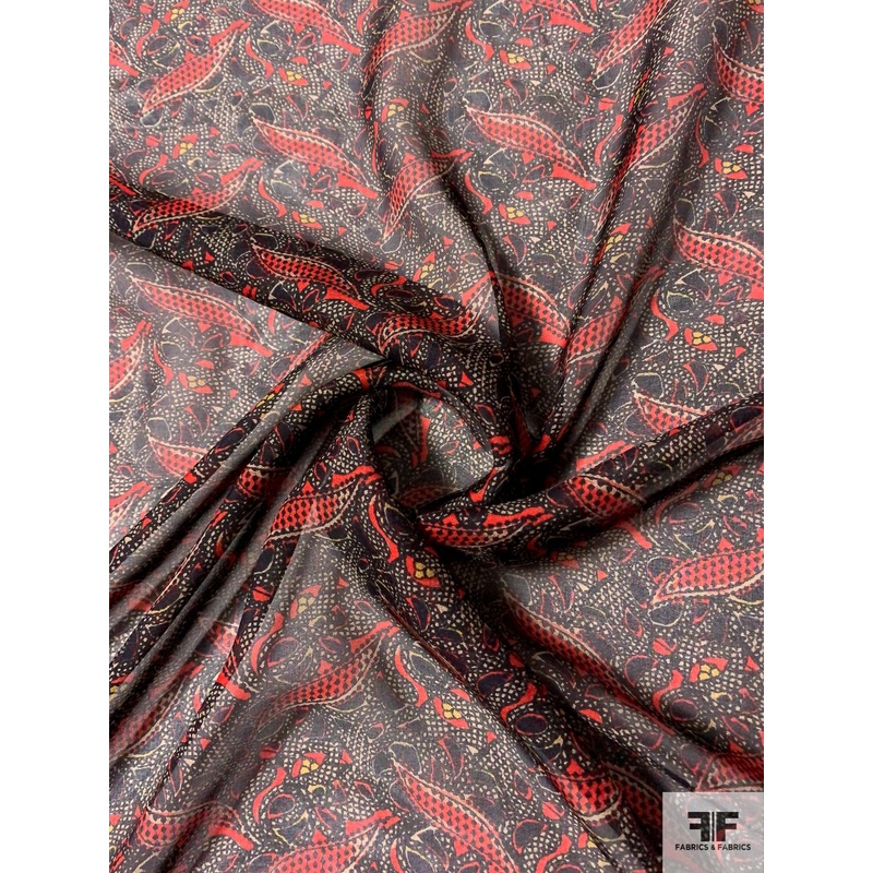 Ornate Art Deco Leaf Printed Silk Chiffon – Red / Black / Tan / Mustard Fabric by the Yard