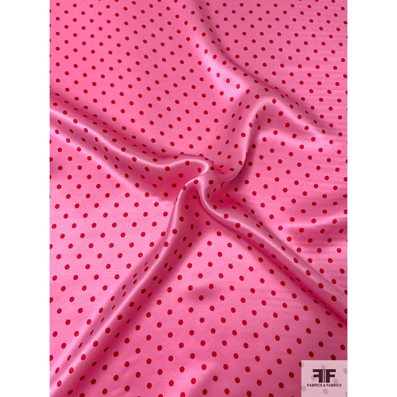 Polka Dot Printed Silk Charmeuse – Bubblegum Pink / Red Fabric by the Yard