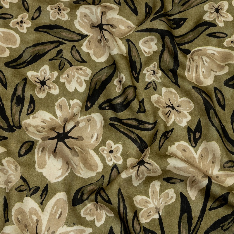 Rayon Challis – Light Green Painterly Floral – Green Wildflower Walk Print – Mood Exclusive Rockland Collection