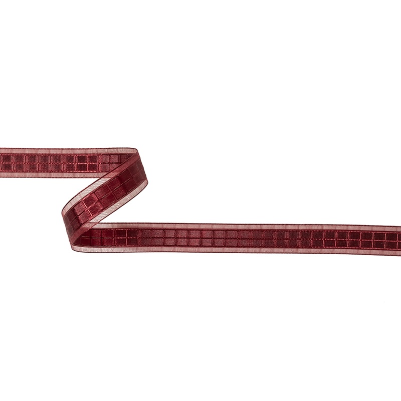 Wine Red Windowpane Checks and Sheer Borders Woven Ribbon – 0.625″