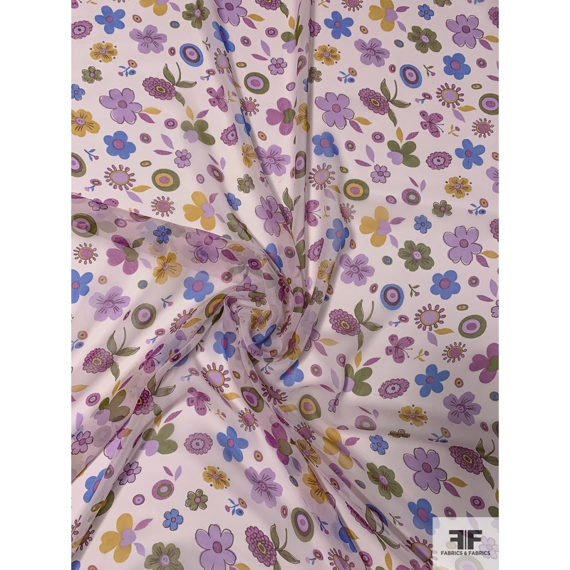 Youthful Floral Printed Silk Chiffon – Orchid / Olive / Blue / Blush Fabric by the Yard