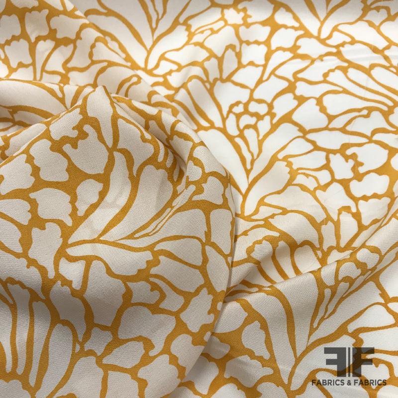 Abstract Printed Crepe de Chine – Mustard/White Fabric by the Yard
