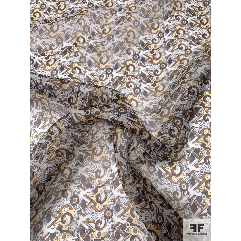 Art Deco Abstract Printed Silk Organza – Brown / Cream / Off-White Fabric by the Yard