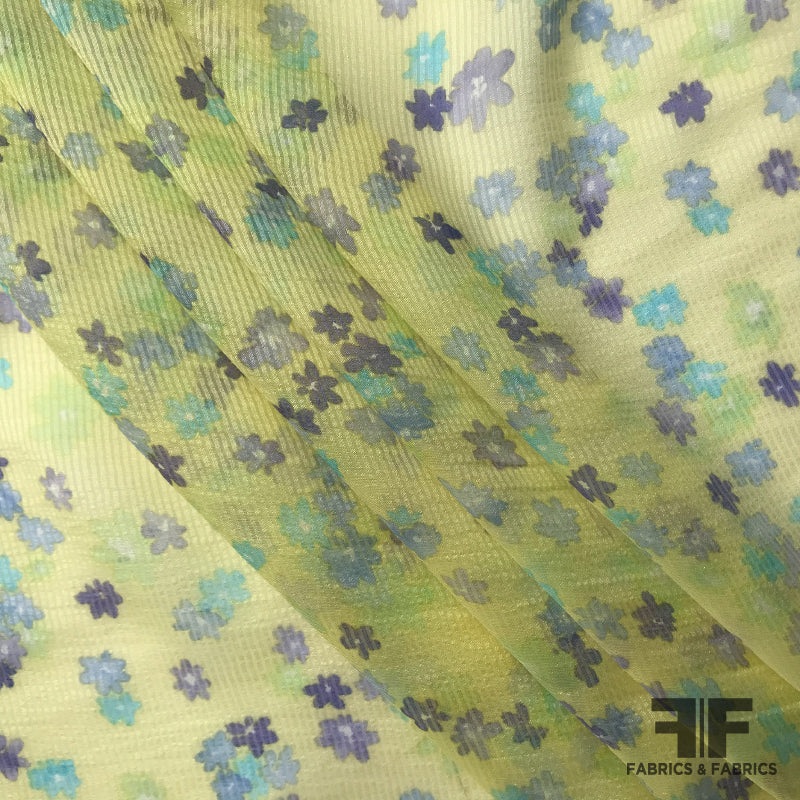 Dainty Florals on Shadow Stripe Silk Printed Chiffon – Yellow Fabric by the Yard