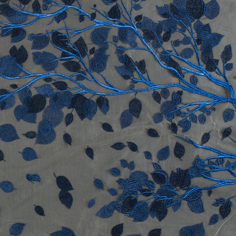 Embroidered Mesh Lace – Navy Leafy Branches on Nude