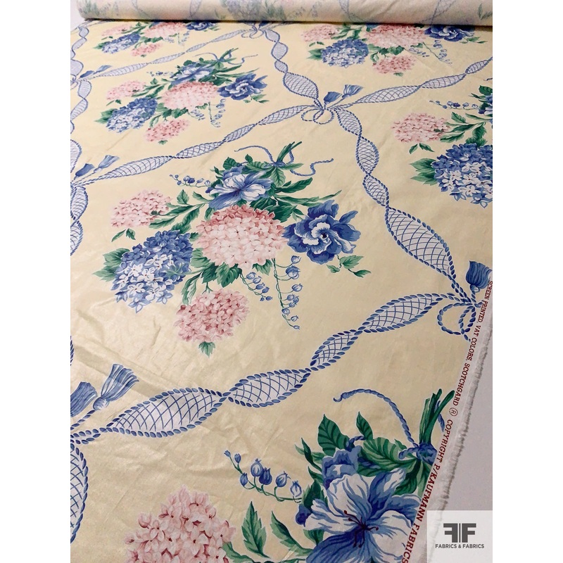 Floral Bouquets in Tassel Frames Printed Cotton Lawn – Light Yellow / Blue / Dusty Rose / Green Fabric by the Yard