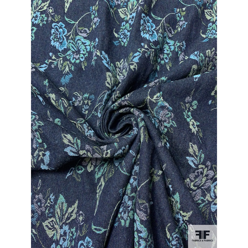 Floral Denim-Look Brocade – Denim Blue / Sky Blue / Greens Fabric by the Yard