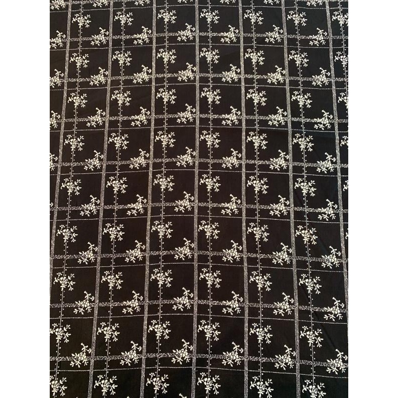 Floral Grid Printed Silk Habotai – Black / Off-White Fabric by the Yard