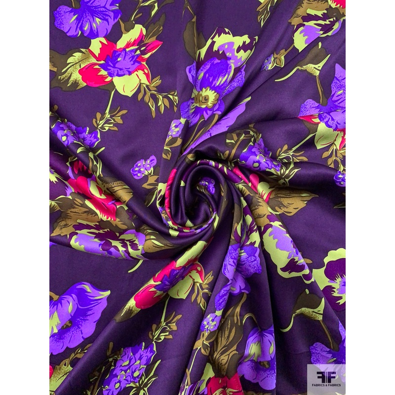 Floral Printed Silk Charmeuse – Purple / Greens / Magenta / Amethyst Fabric by the Yard