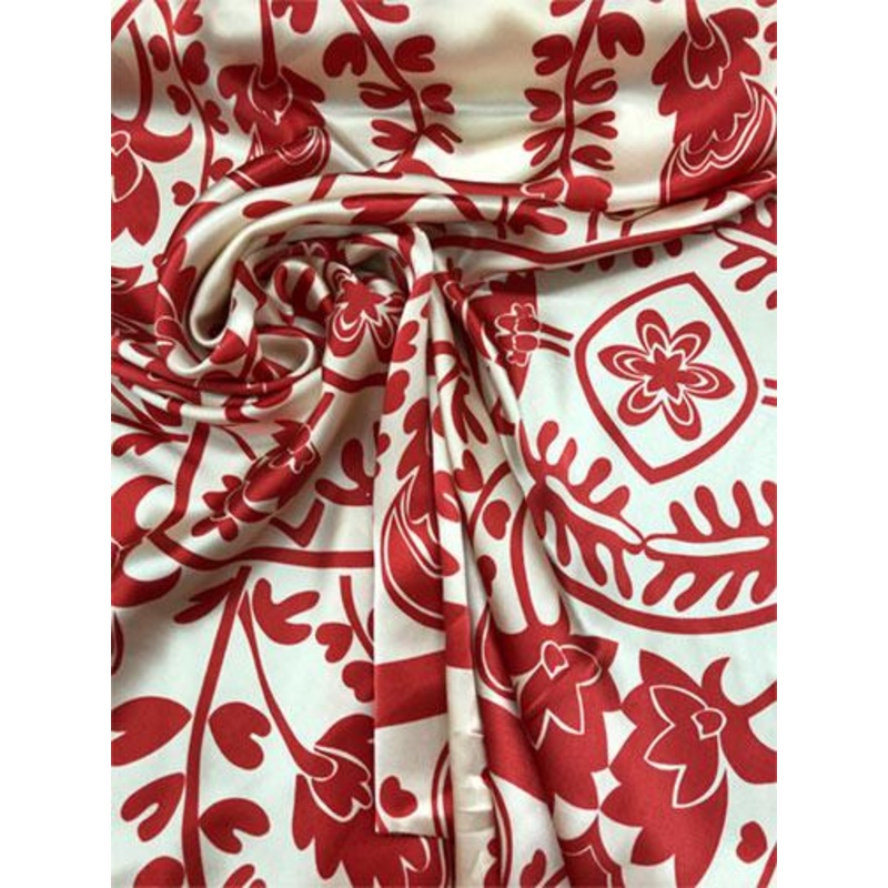 Floral Silk Charmeuse – Red / Beige Fabric by the Yard