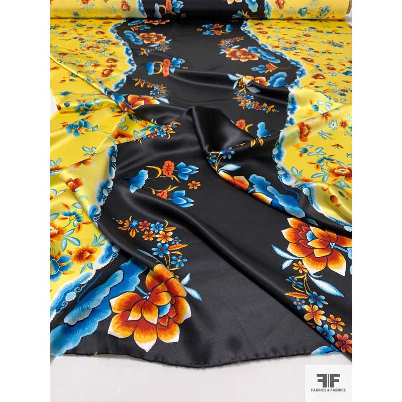 Follow the Rose Road Printed Silk Charmeuse – Yellow / Blues / Oranges / White Fabric by the Yard
