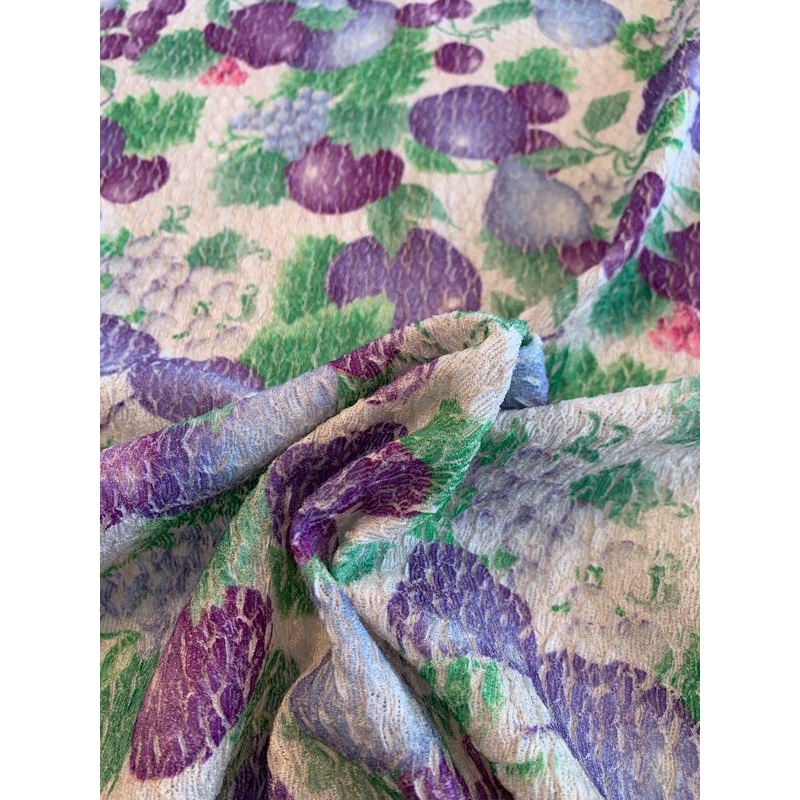 Fruits Printed Wavy Textured Accordion Polyester Knit – Purple / Green / Light Grey Fabric by the Yard