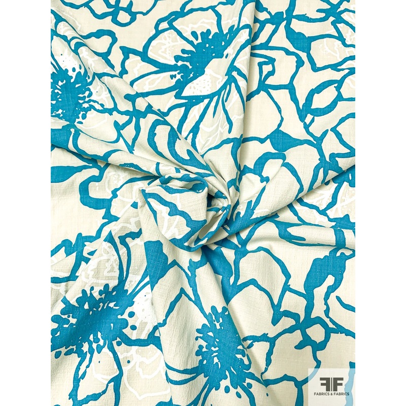 Graphic Floral Printed Linen-Weave Stretch Cotton – Turquoise / Bone / White Fabric by the Yard