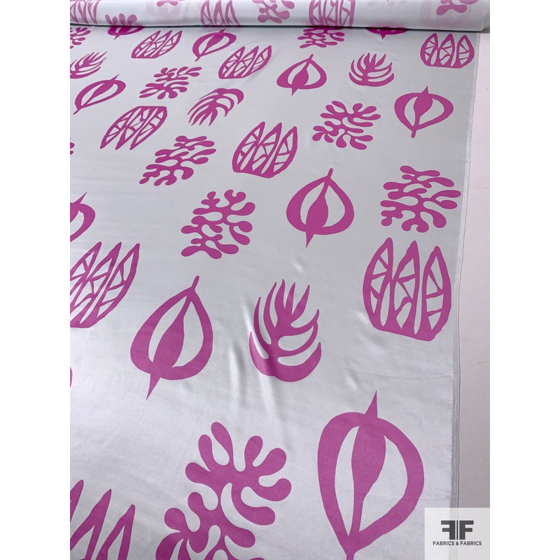Hieroglyphic Leaf Printed Silk Charmeuse – Icy Sky Blue / Magenta Fabric by the Yard