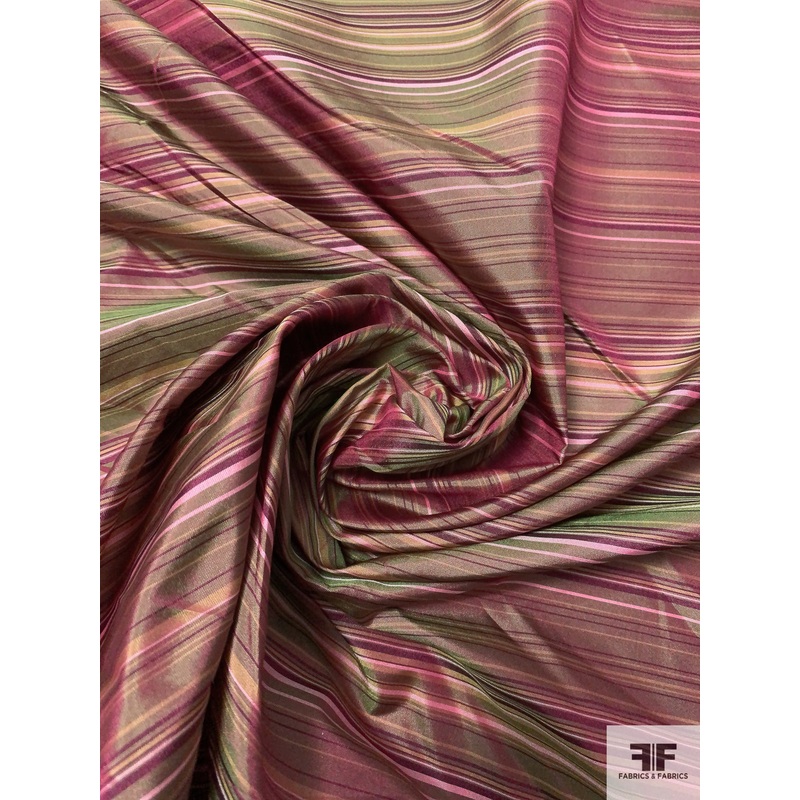 Horizontal Striped Silk Taffeta – Purple / Antique Greens / Pink Fabric by the Yard