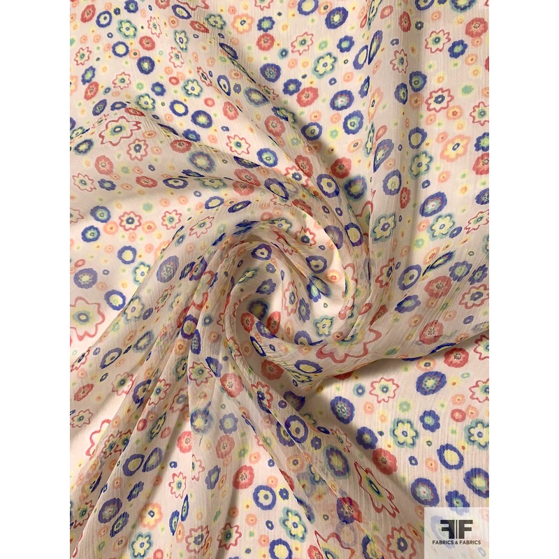 Jovial Floral Printed Slightly Crinkled Silk Chiffon – Cranberry / Blue / Yellow / Green Fabric by the Yard