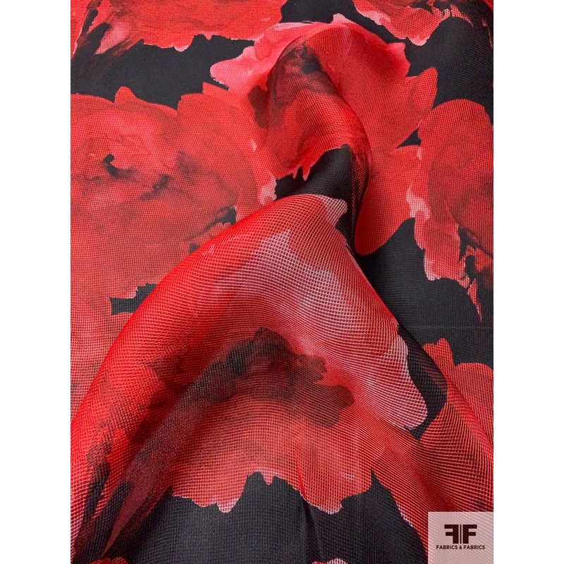 Pamella Roland Italian Floral Printed Marquisette Mesh Silk Organza – Red / Black / Soft Pink Fabric by the Yard