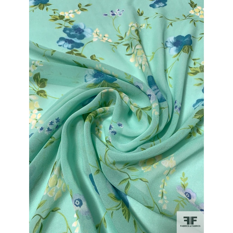 Trailing Floral Printed Silk Chiffon – Aqua Pearl / Green / Ocean Blue / Lavender Fabric by the Yard