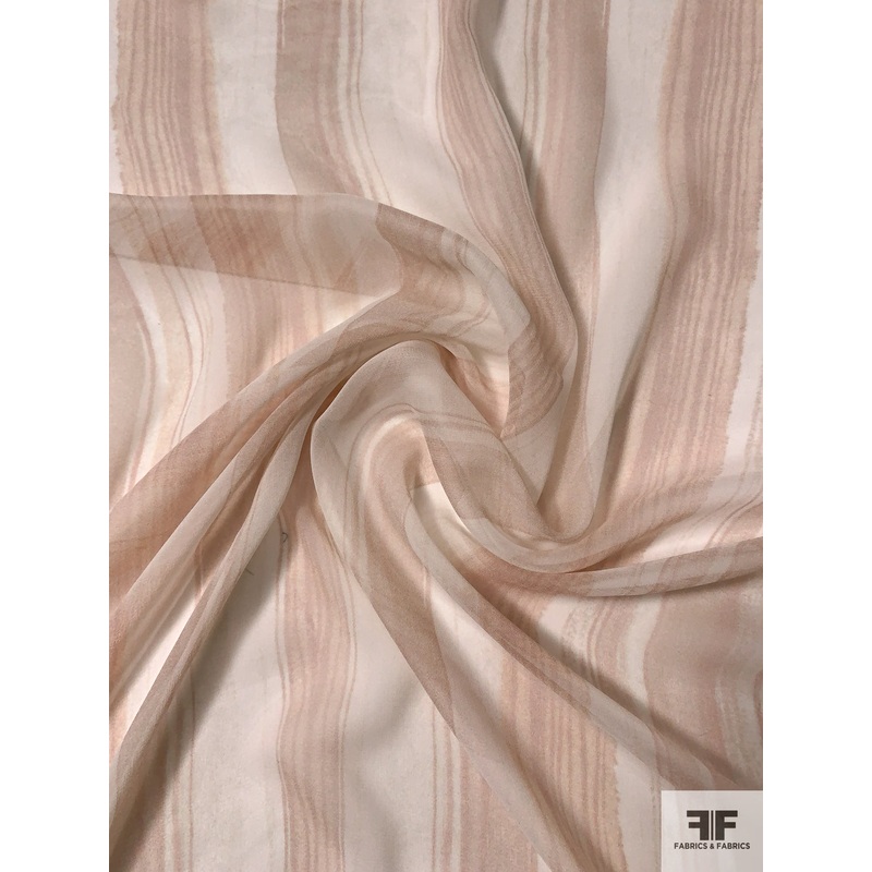 Vertical Painterly Striped Printed Silk Chiffon – Dusty Nude / Off-White Fabric by the Yard