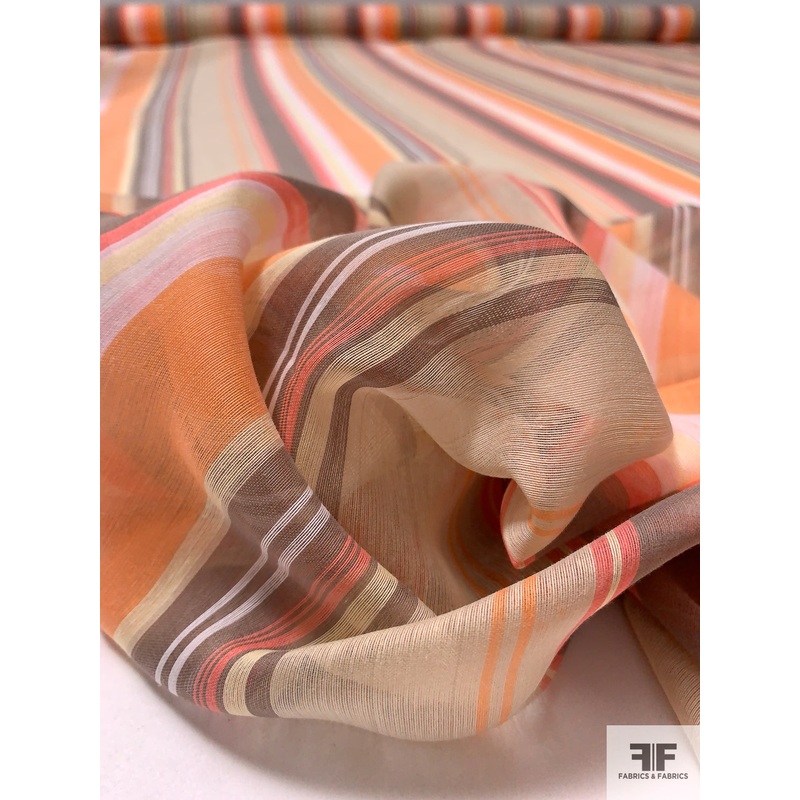 Vertical Striped Yarn-Dyed Polyester Cotton Voile – Orange / Deep Coral / Soft Brown / Purples Fabric by the Yard