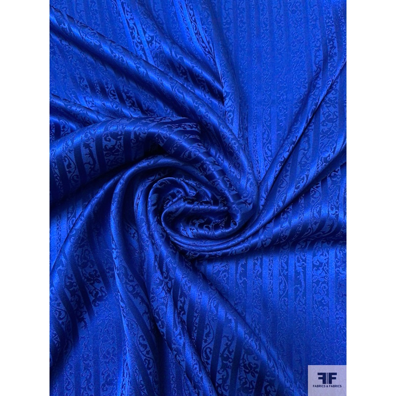 Vines and Striped Jacquard Silk Charmeuse – Royal Blue Fabric by the Yard