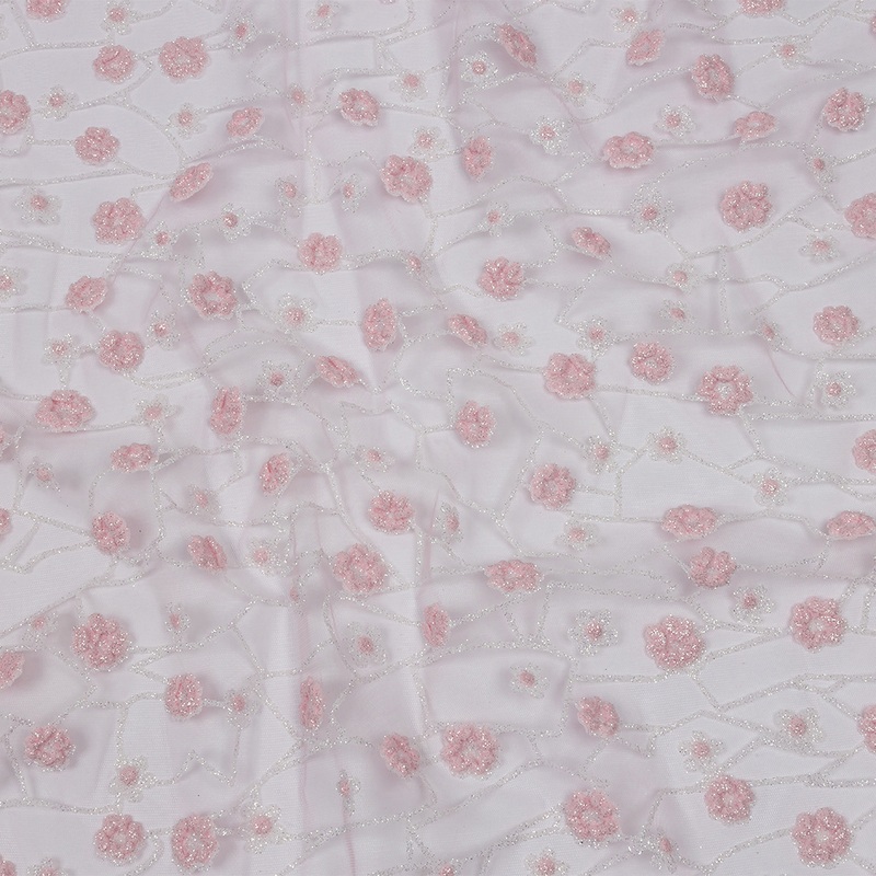 3D Puffy Glitter Tulle – Baby Pink and White Flowers and Geometric Stems