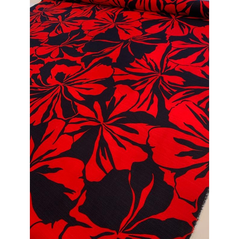 Bold Floral Printed Cotton Linen – Red / Navy Fabric by the Yard