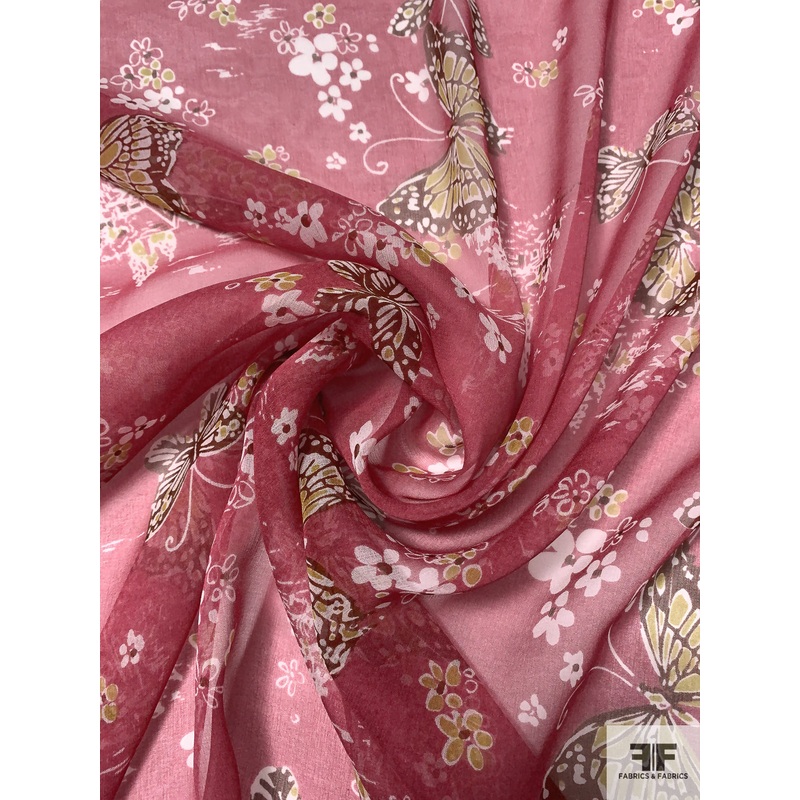Butterflies and Floral Clusters Printed Silk Chiffon – Cranberry Rose / Lime Green / Maroon / Off-White Fabric by the Yard