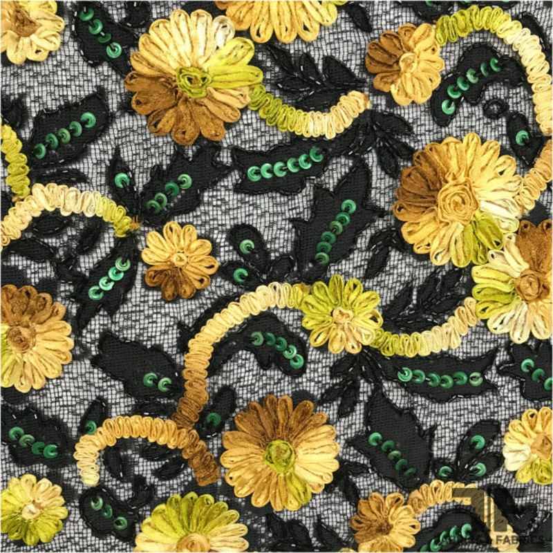 Couture Floral Beaded/Embroidered Netting -Yellow/Black Fabric by the Yard