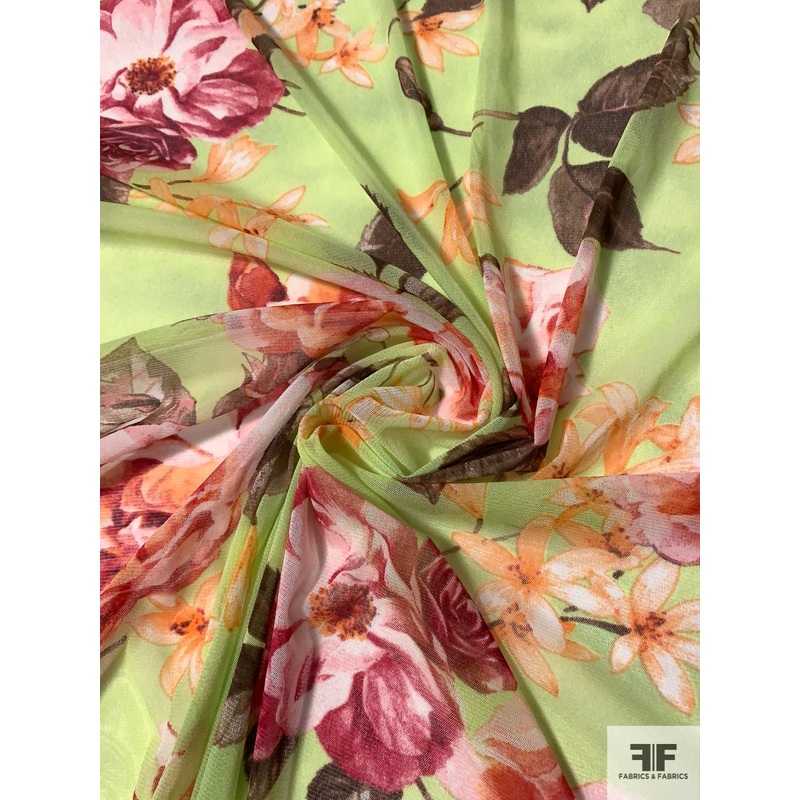Floral Blossoms Printed Stretch Nylon Tulle – Lime / Orange / Brown / Rose Fabric by the Yard