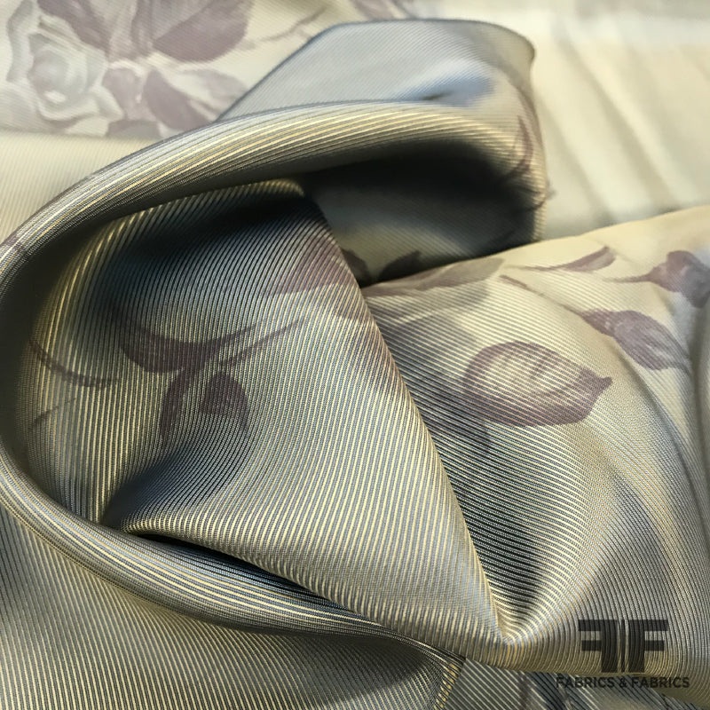 Floral Printed Iridescent Rayon Blend Twill Lining – Antique Sage / Eggplant Fabric by the Yard