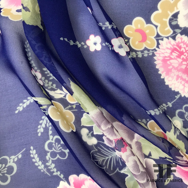 Floral Silk Printed Chiffon – Blue Fabric by the Yard