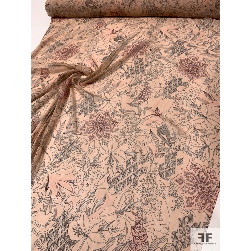 Garden of Eden Printed Silk Chiffon – Nude / Black Fabric by the Yard