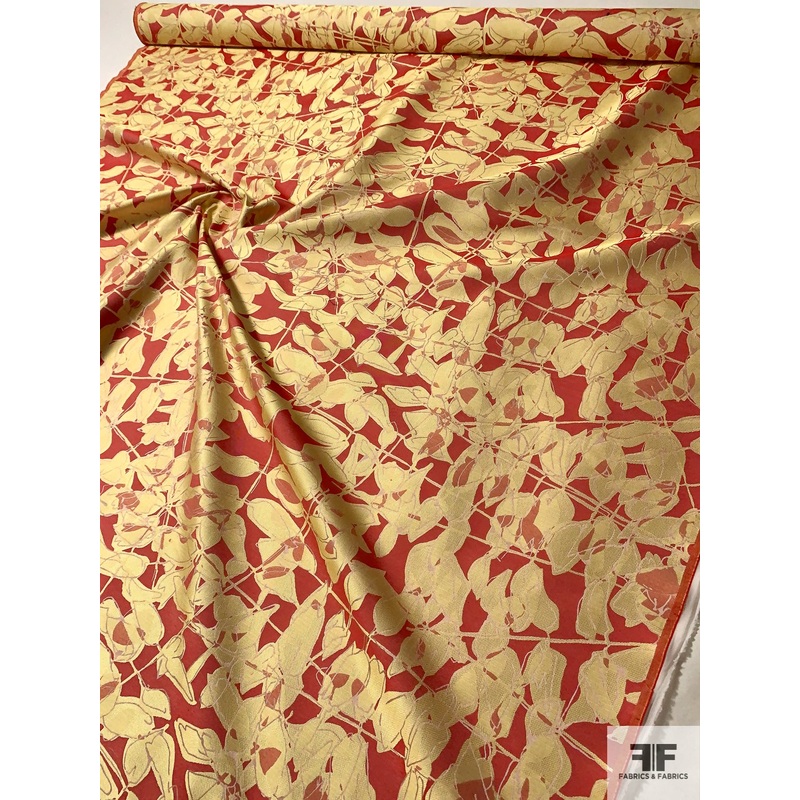 Italian J Mendel Stems and Floral Jacquard Brocade with Fused Back – Yellow / Red / Nude Fabric by the Yard