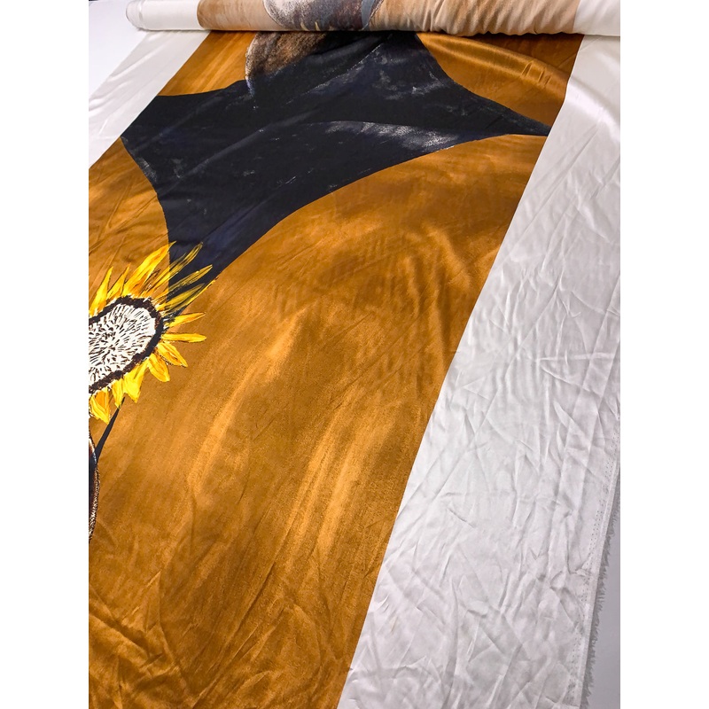 Italian Solar Sunflower Printed Stretch Silk Charmeuse Panel – Honey / Brown / Yellow Fabric by the Panel