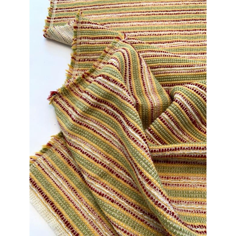 Italian Woven Striped Cotton Blend Tweed – Red / Yellow / Lime / Off-White Fabric by the Yard