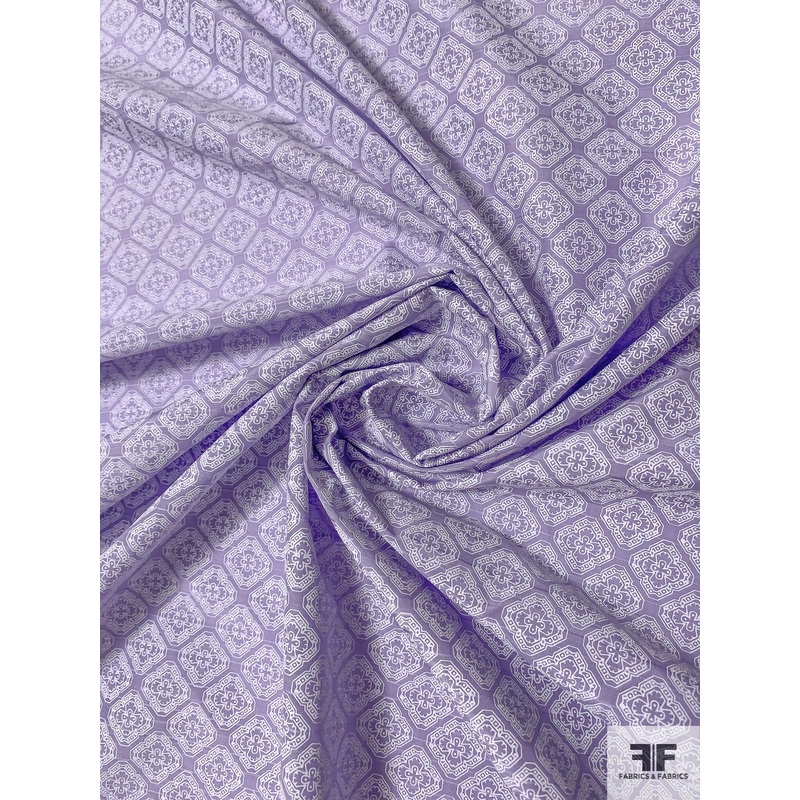Lightly Textured Ornate Lattice Printed Cotton Voile – Lavender / White Fabric by the Yard