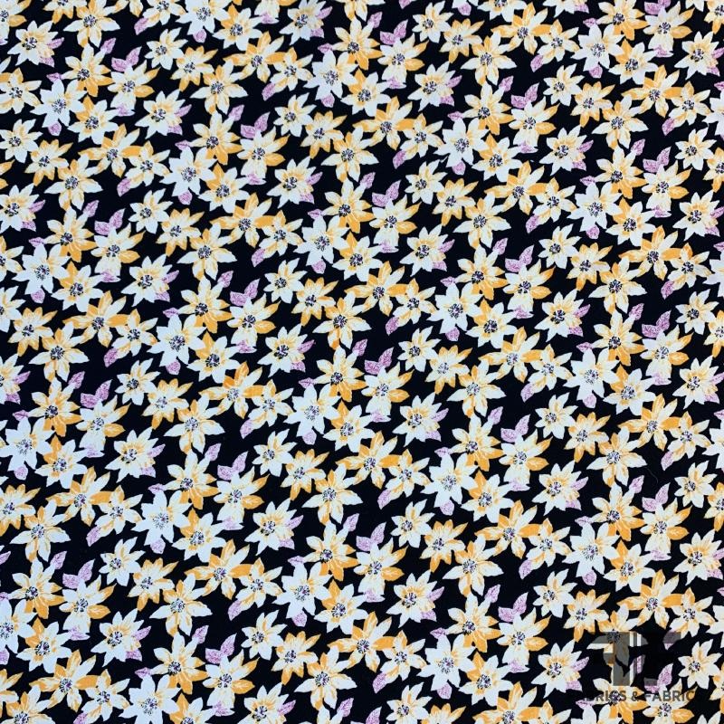 Mini Angkor Floral Rayon Crepe – Black / Marigold / White / Lavender Fabric by the Yard