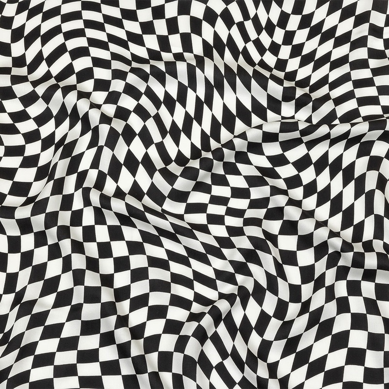 Rayon Challis – Black and White Warped Checks – Down the Rabbit Hole Print – Mood Exclusive Indigo Collection