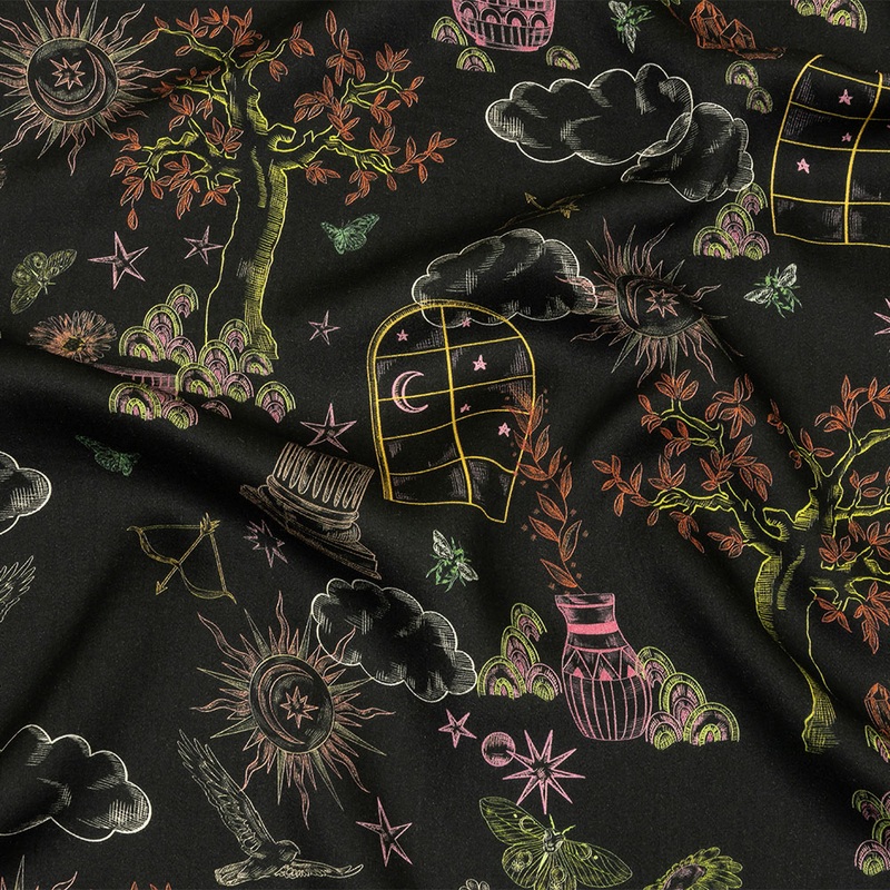 Rayon Challis – Black Trees and Windows – Summer Nights Print – Mood Exclusive Citrus Collection