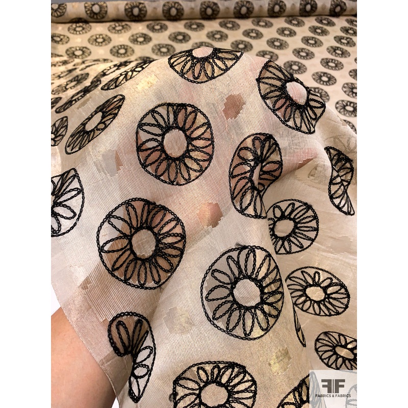 Sunflower Circles Embroidered Metallic Silk Organza – Gold / Black Fabric by the Yard