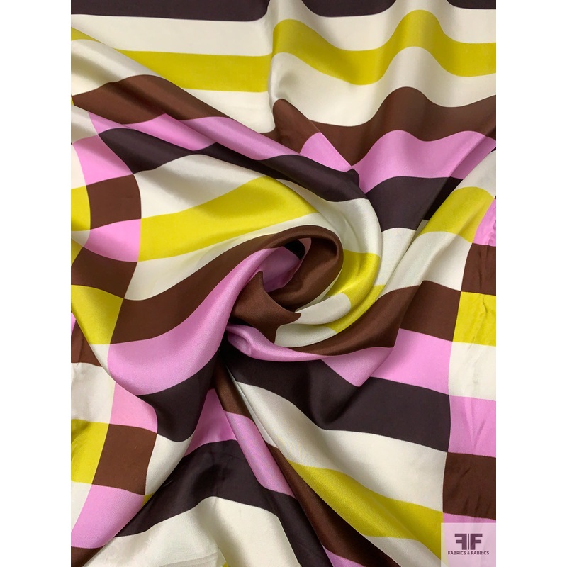 Tile Striped Printed Rayon Twill – Chartreuse / Orchid Pink / Eggplant / Maroon Fabric by the Yard