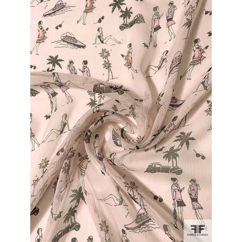 Travel Scene Printed Crinkled Silk Chiffon – Blush / Black / Peach Fabric by the Yard