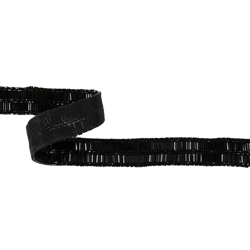Vintage Black 2 Row Bugle and Seed Bead Striped Trim – 1″
